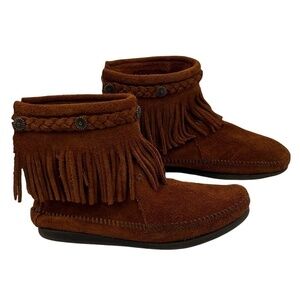 Minnetonka Brown Suede High Top Back Zip Fringe Ankle Boots Size 5 Women’s